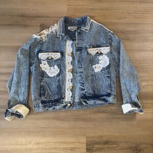 Vintage Angiolo Bellini L Embellished Jean Jacket Retro 80's Disco Beaded Lace